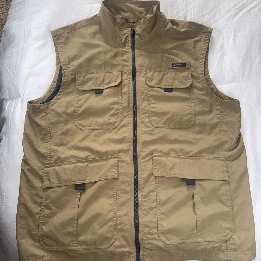 Eddie Bauer Men's Hunting Fishing Utility Vest XL Tan Full Zip Pockets Ripstop